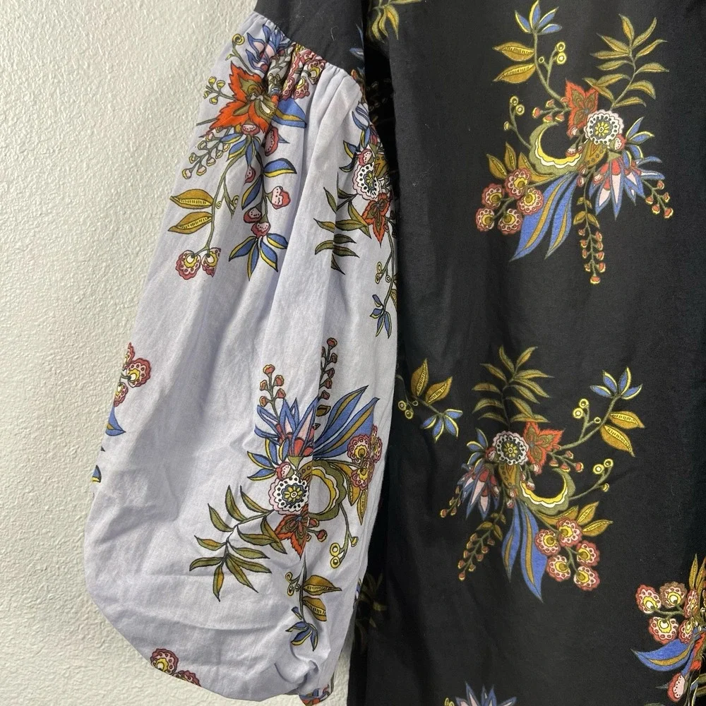 LOFT Womens Black‎ Floral Cotton Puff Sleeve Button Back Blouse Top Small